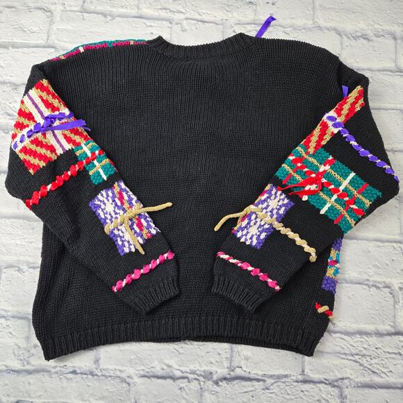 VTG Epoch Knitwear Embellished Cardigan Black Patchwork Button Sweater sz Medium - Picture 8 of 10